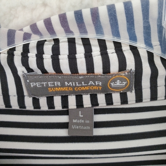 Peter Millar Summer Comfort Polo Golf Shirt B&W Striped Men L Stretch Logo - Picture 3 of 12
